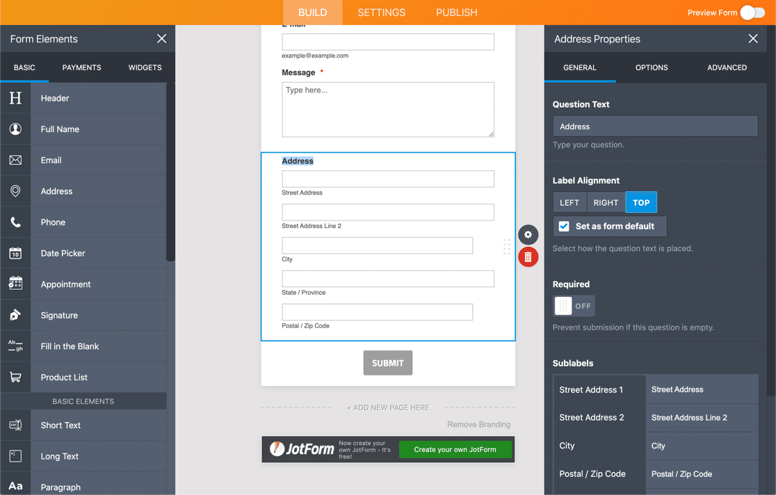 Configuración de campo de JotForm