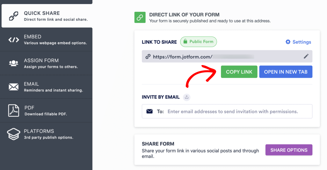 مشاركة نموذج في JotForm