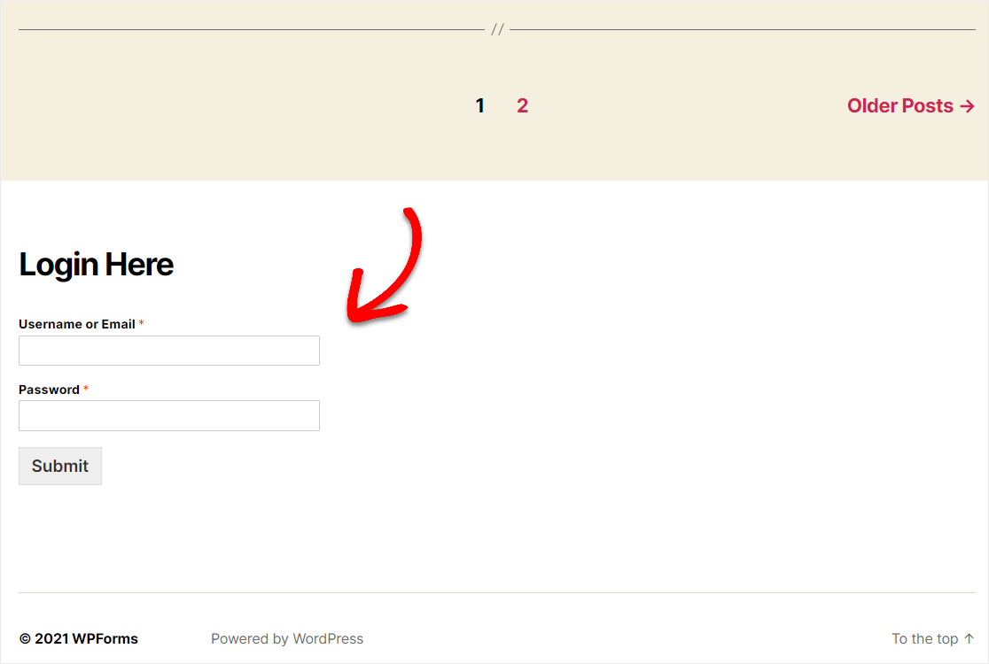 Пример формы входа в нижний колонтитул wpforms в wordpress