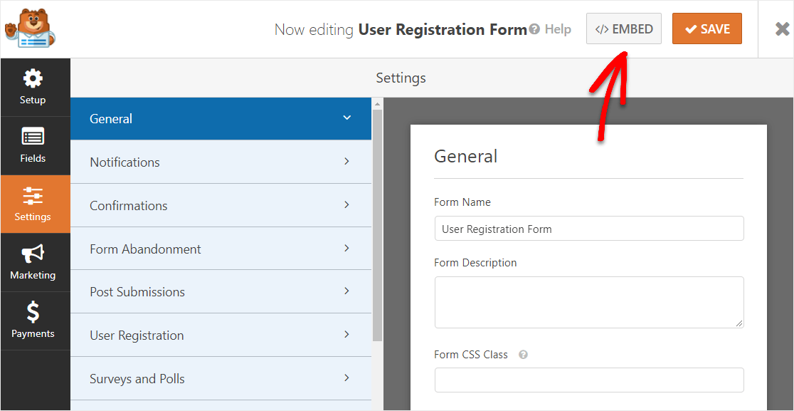 incorporare il modulo di registrazione dell'utente