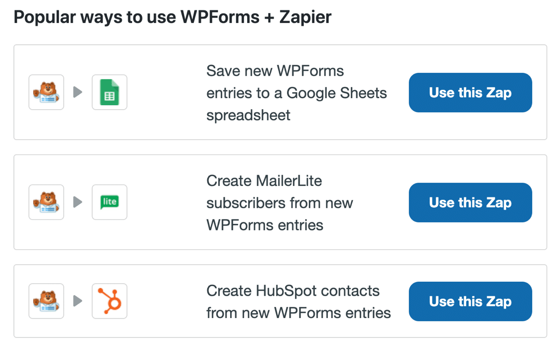 Exemplu Zapier Zaps în WPForms