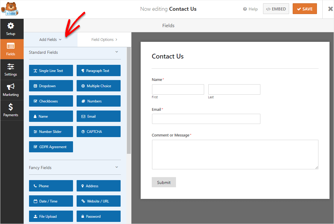 campos en un formulario de contacto simple antes de agregar el mapa