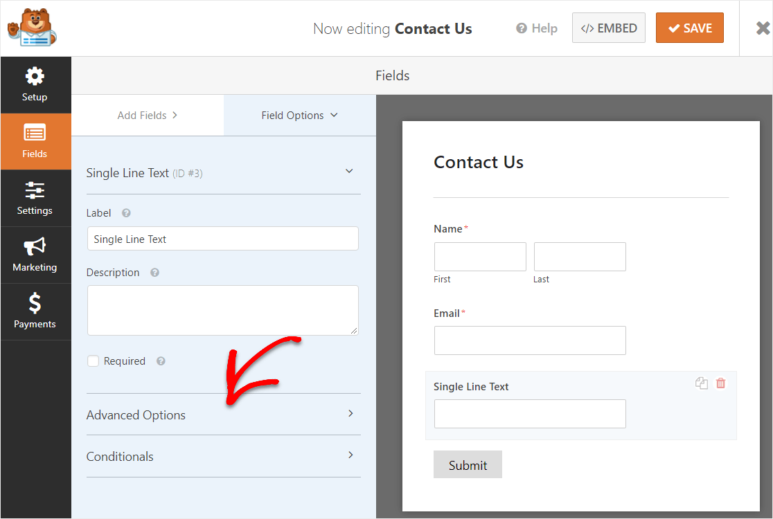 options avancées pour trouver l'option de carte sur le champ de formulaire