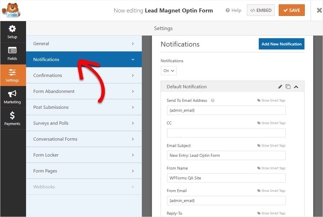 Powiadomienia o formularzu optin lead magnet