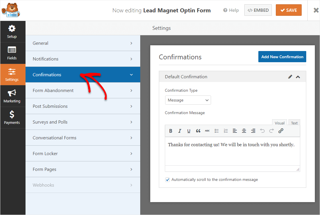 Bestätigungsbildschirm für die Lead-Magnet-Option