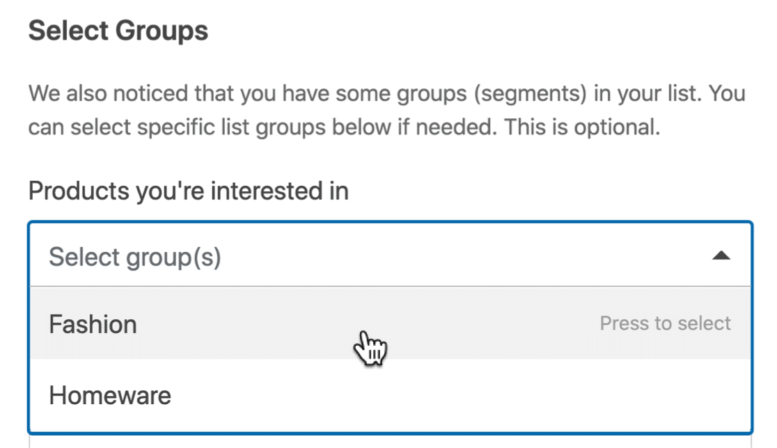 Mailchimp Groups 表單設置