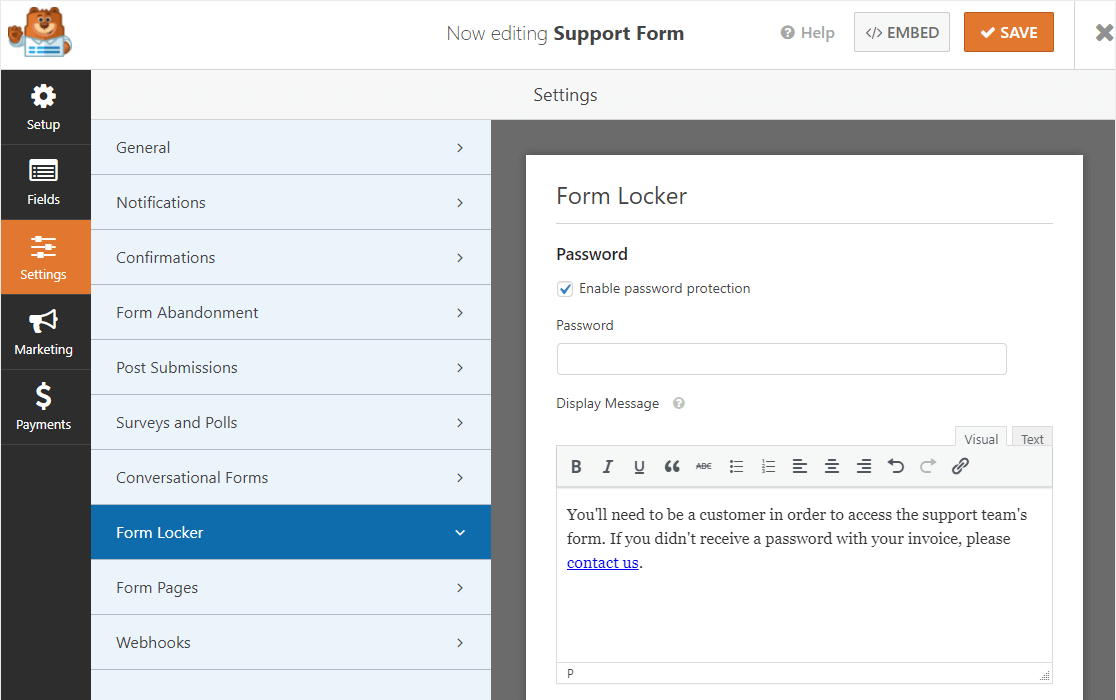 protección de contraseña de casillero de formularios para wordpress en formularios