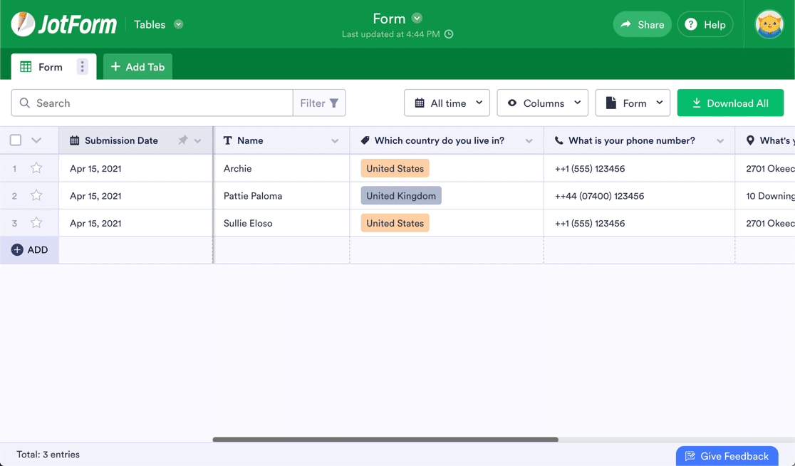 Stockage des entrées JotForm