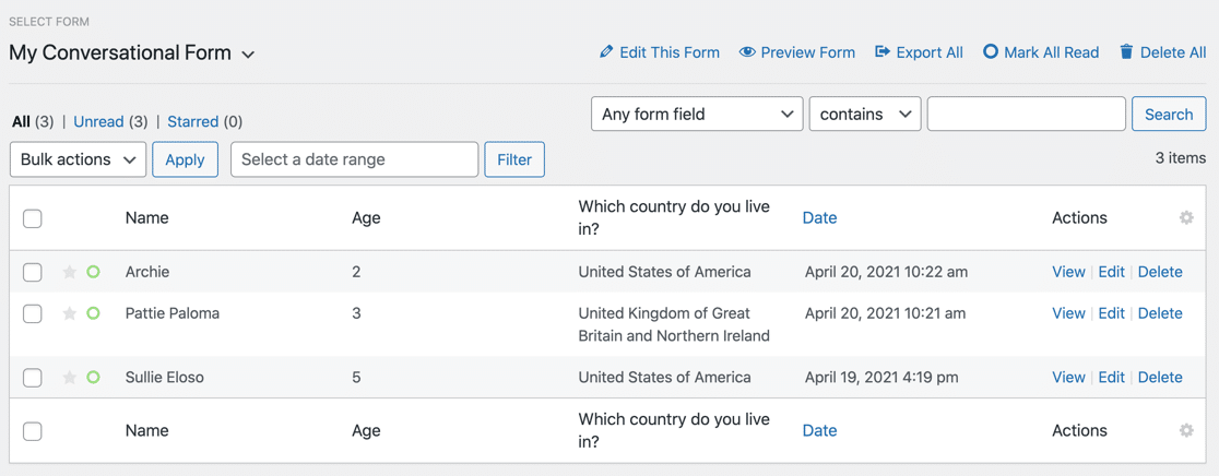 Lista de entradas de formulário em WPForms