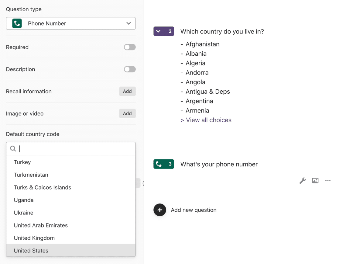 Champ de numéro de téléphone dans Typeform