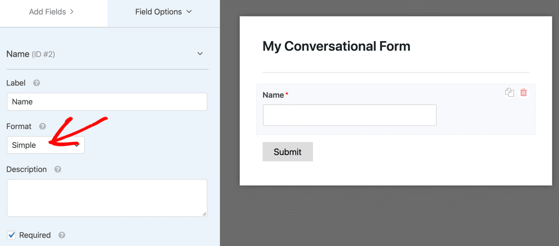 Campo de formulario de conversación simple de WPForms para el nombre