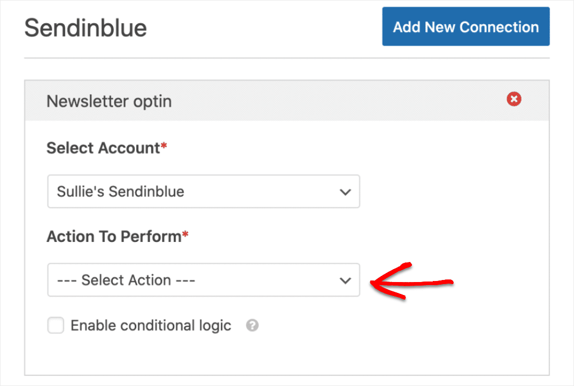 เลือกการกระทำที่จะดำเนินการบน wpforms sendinblue ใน wordpress