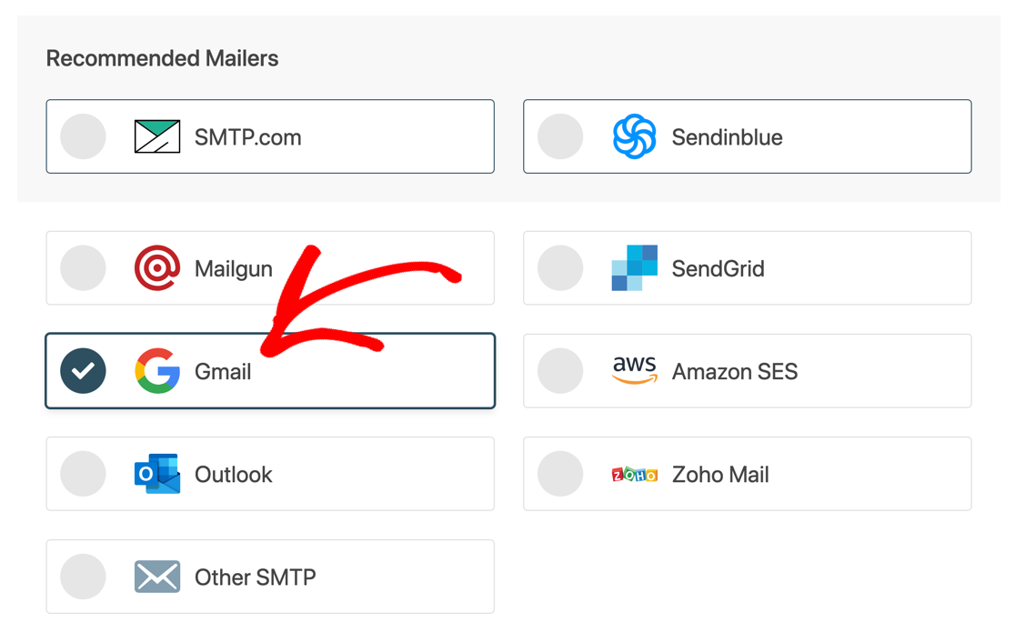 Выберите Gmail в мастере настройки SMTP WP Mail.