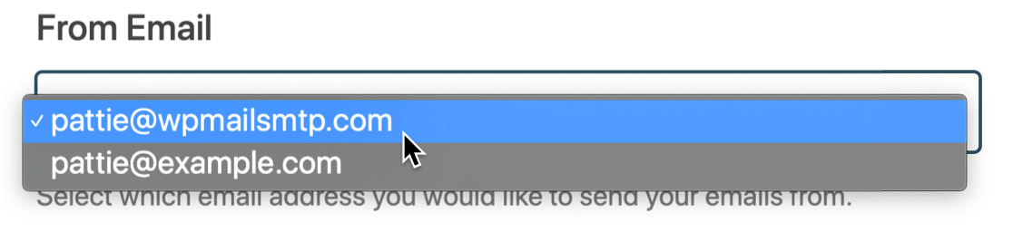 Из раскрывающегося списка электронной почты в WP Mail SMTP