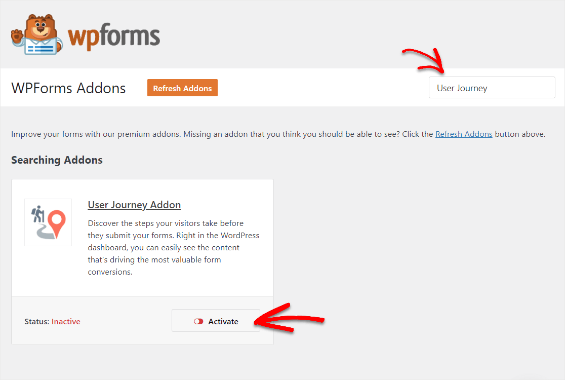 เปิดใช้งานส่วนเสริมการเดินทางของผู้ใช้ wpforms เพื่อติดตามการเข้าชมเว็บไซต์ wordpress