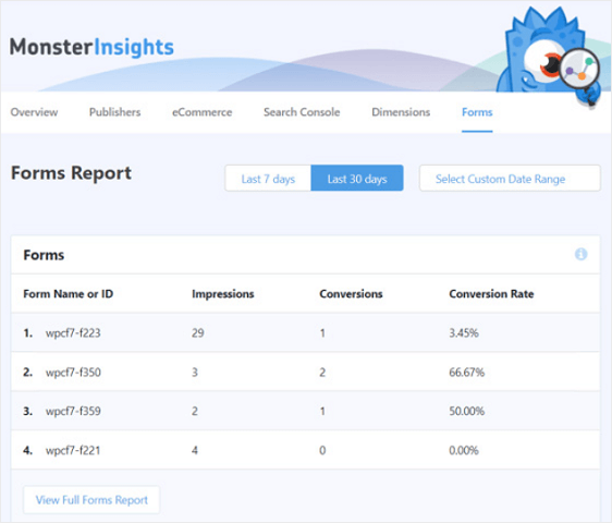 monsterinsights แบบฟอร์มรายงานเพื่อติดตามการเข้าชมเว็บไซต์ไปยัง WordPress