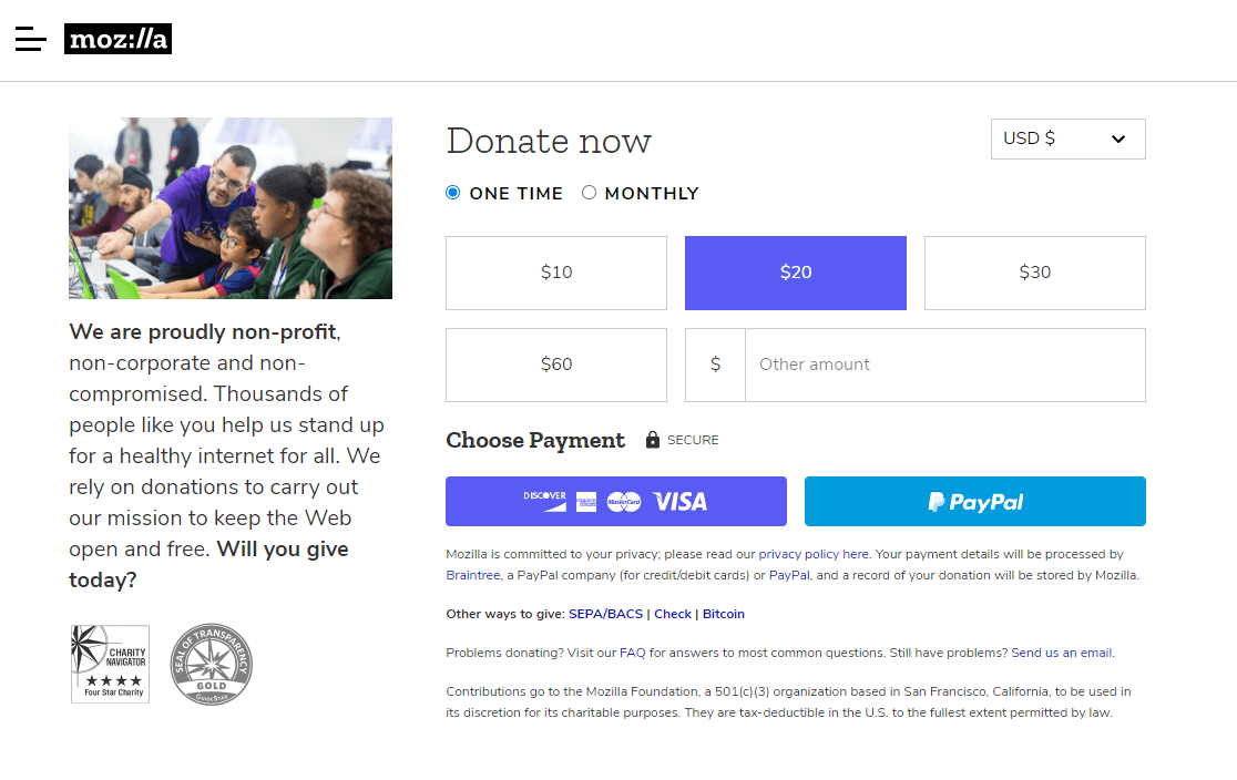 ejemplo de página de donación de mozilla