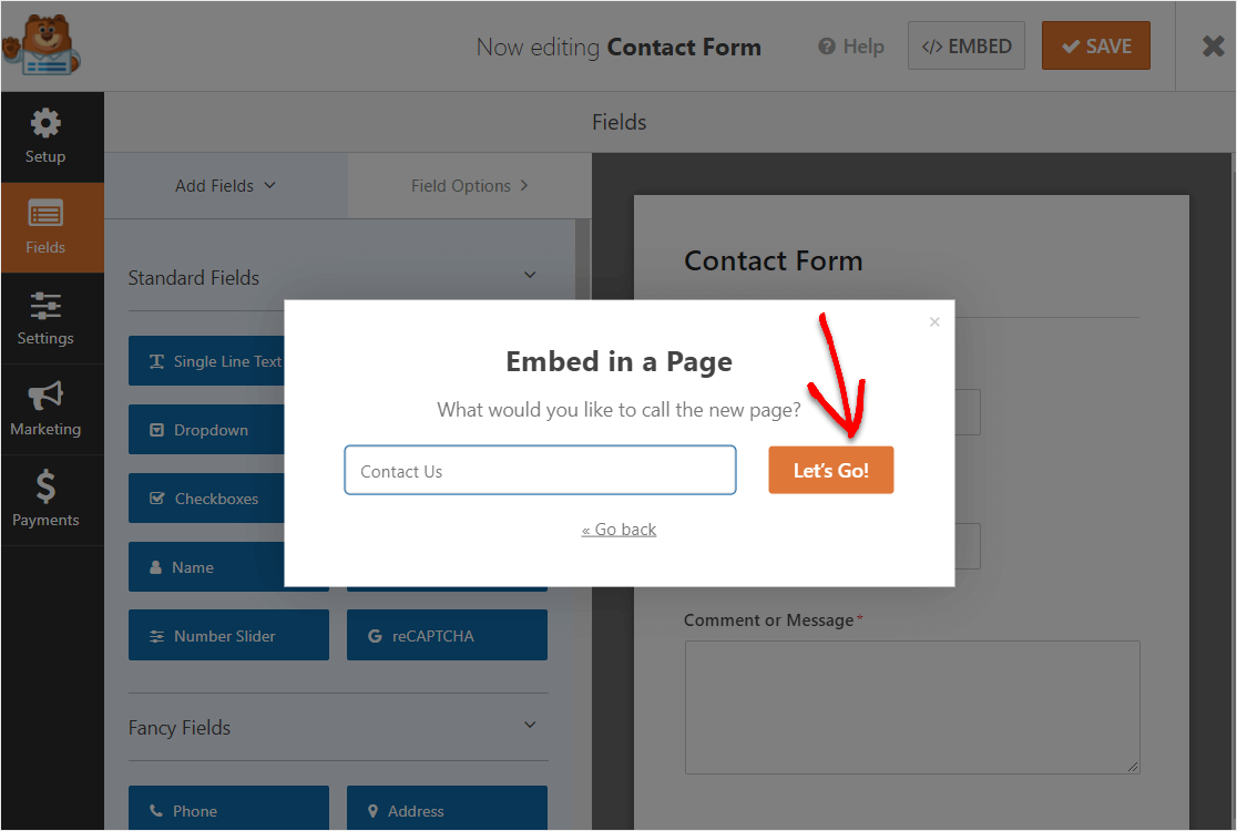 încorporați un formular de contact constant în pagina wordpress