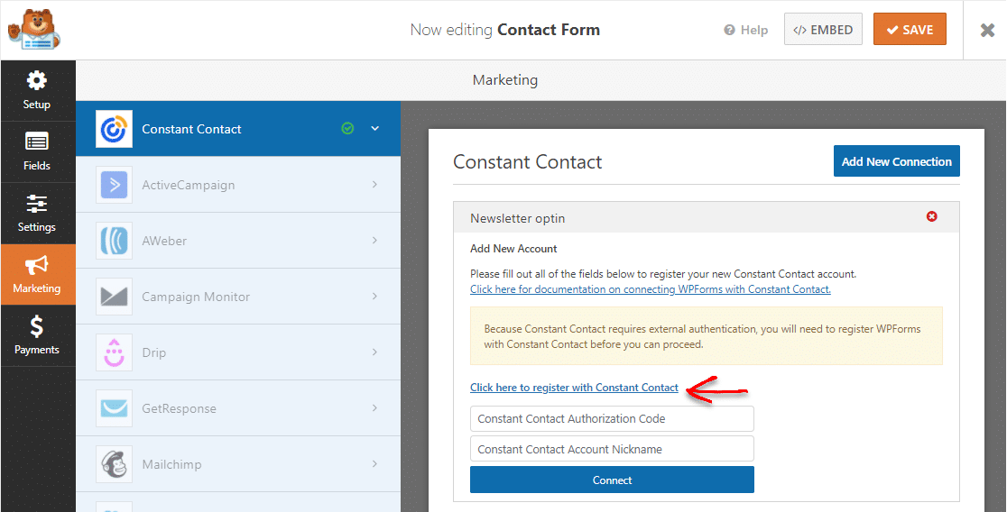 înregistrați un contact constant cu wpforms wordpress