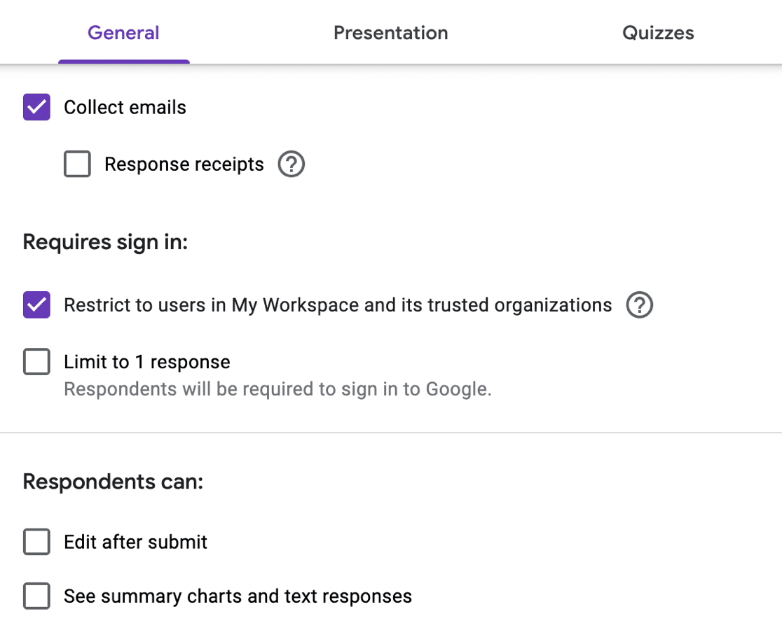 Setări de confidențialitate Google Forms