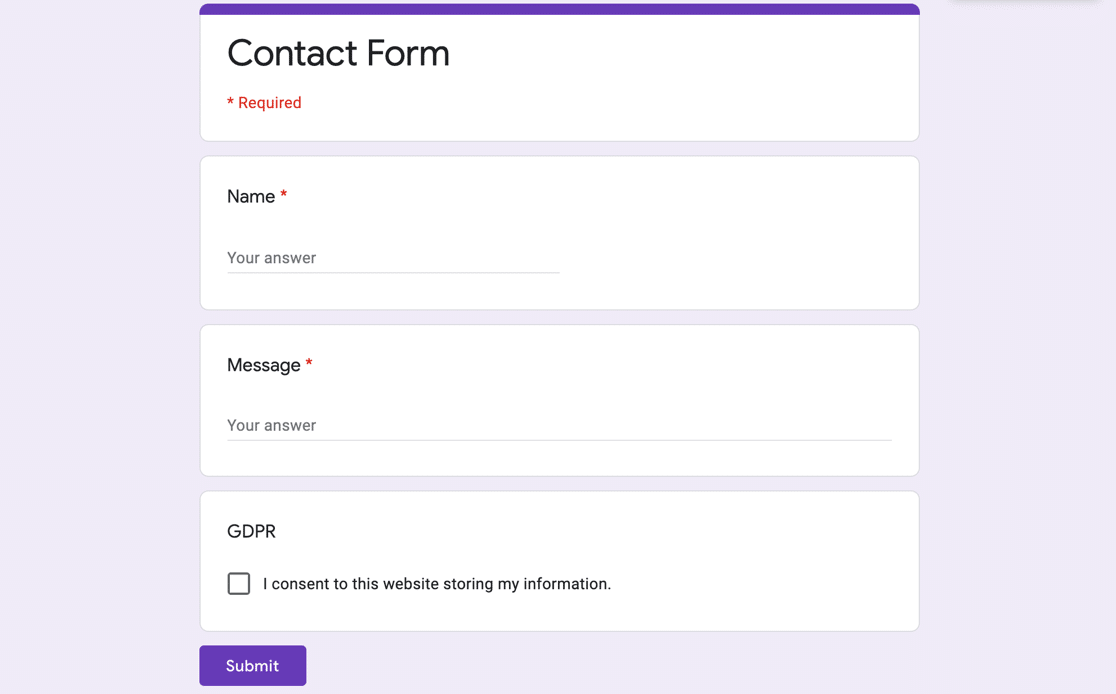 Formulaire terminé de Google Forms