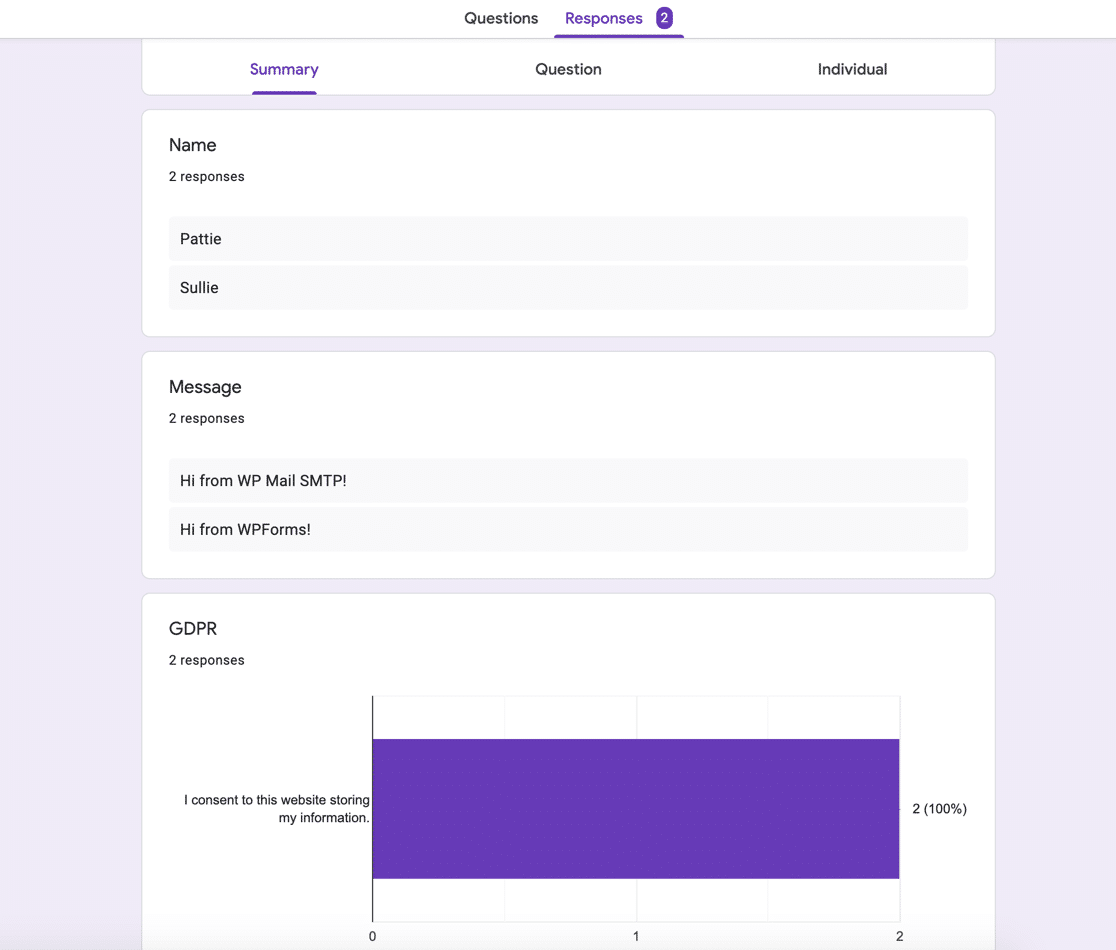 Résumé des entrées Google Forms