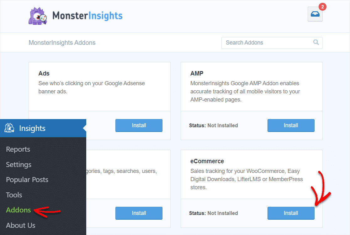 전자 상거래 애드온 Mostersinsights wordpress