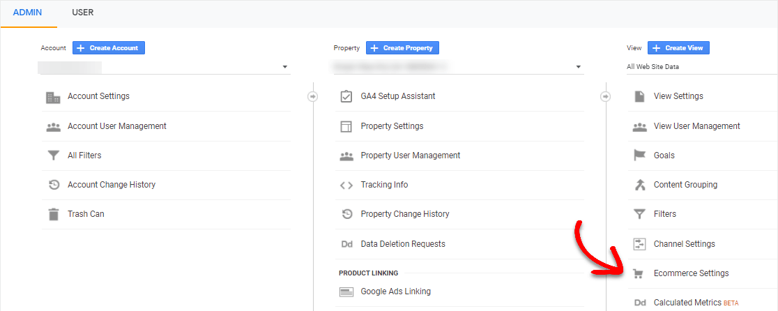 setări de comerț electronic în Google Analytics