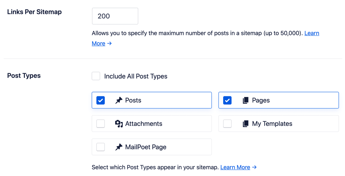 Configurações do sitemap AIOSEO