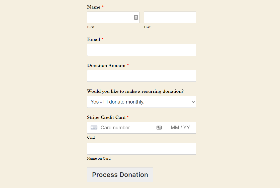 modulo di donazione ricorrente per organizzazioni non profit con stripe e wpforms