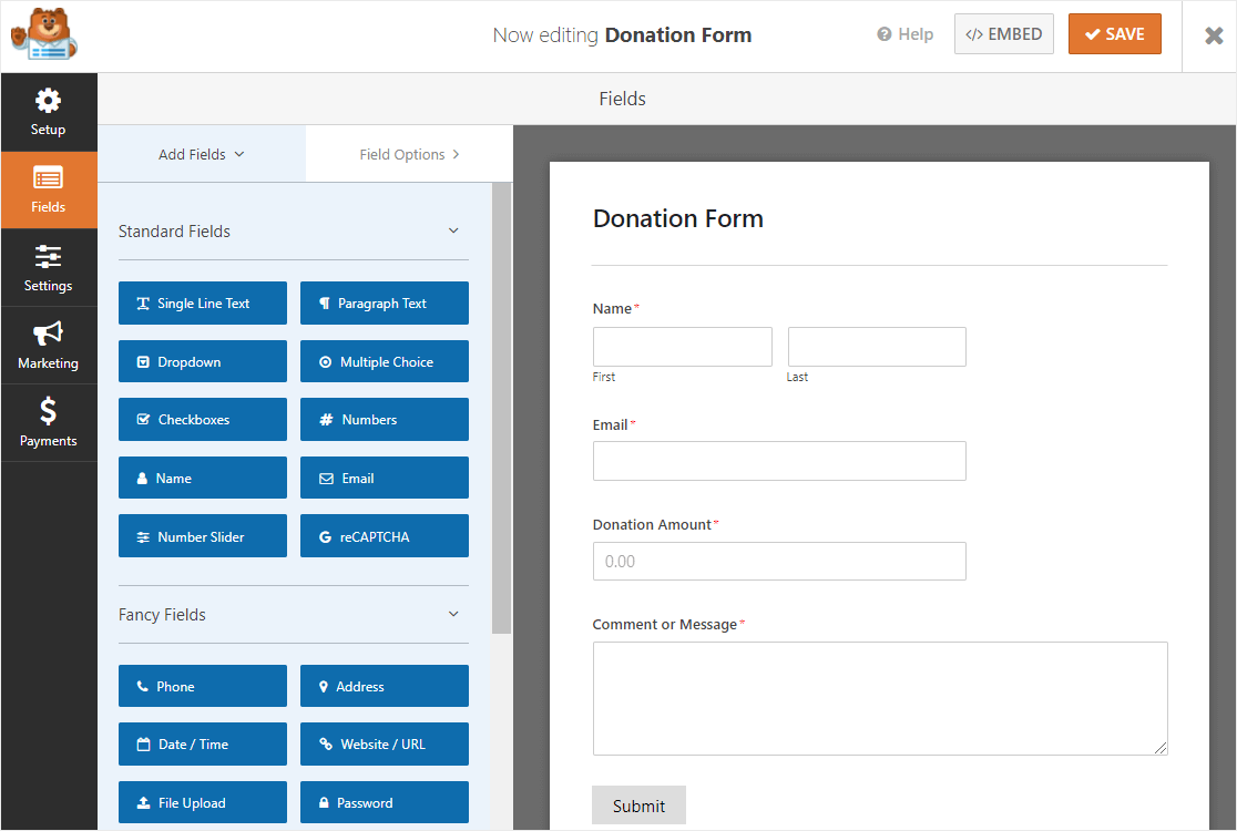 modello di modulo di donazione wpforms