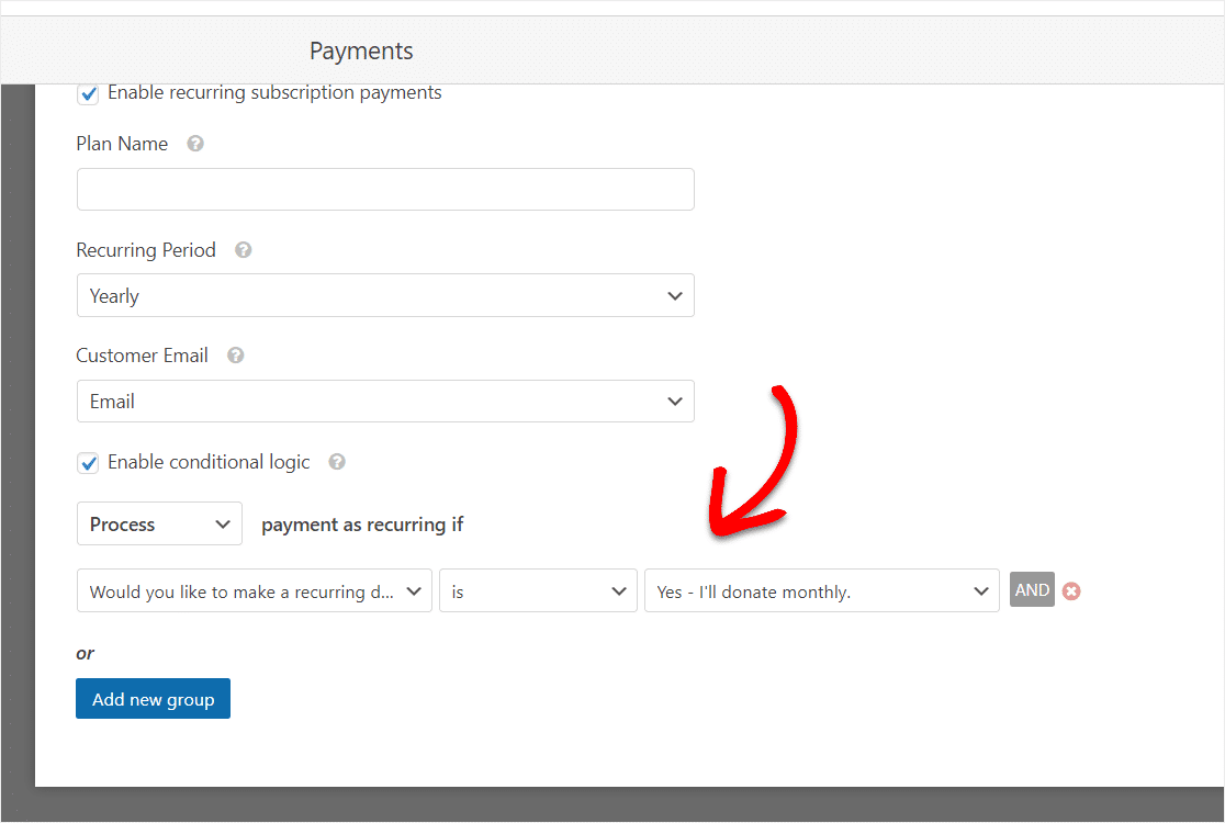 wpforms의 비영리 정기 기부 설정