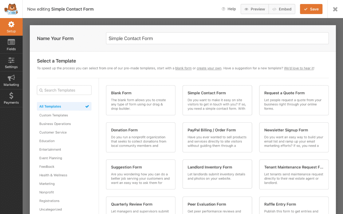 nowy szablon formularza wpforms