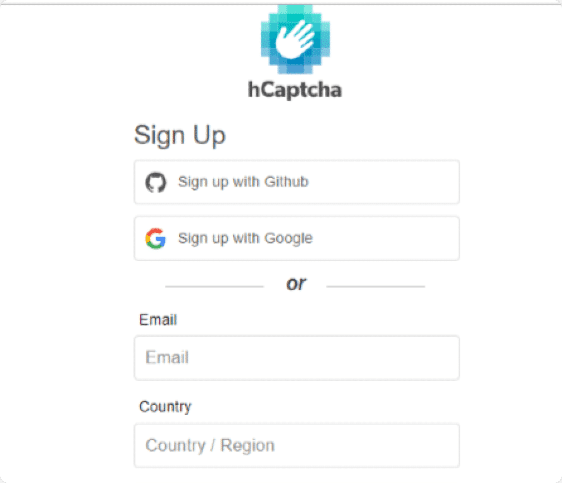 Opciones de registro de cuenta para hCaptcha