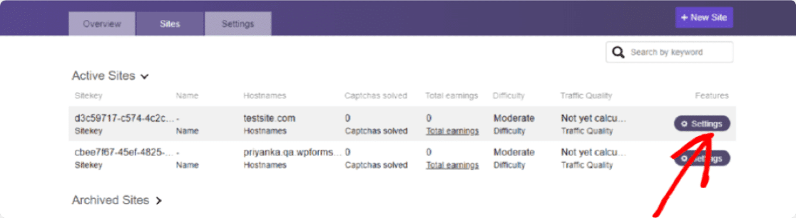 botón de configuración para ver las claves del sitio