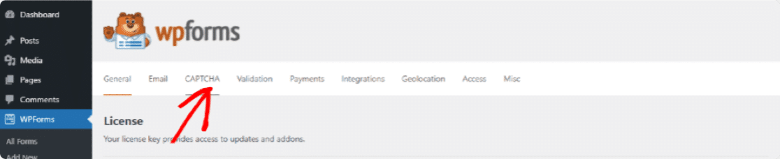 Вкладка CAPTCHA в WPForms