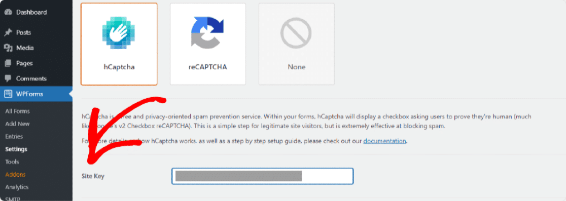 Вставьте ключ сайта в WPForms