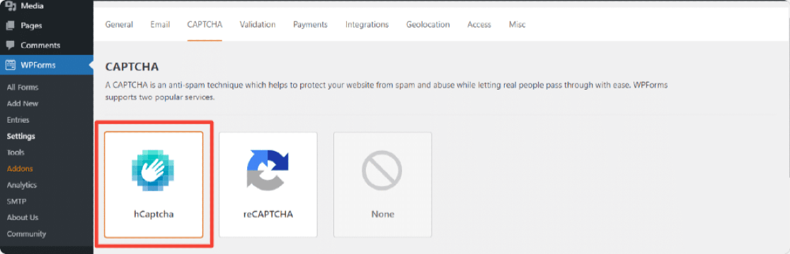 adăugați opțiunea hCaptcha