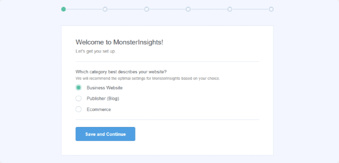 paso 1 de configuración del asistente de monsterinsights