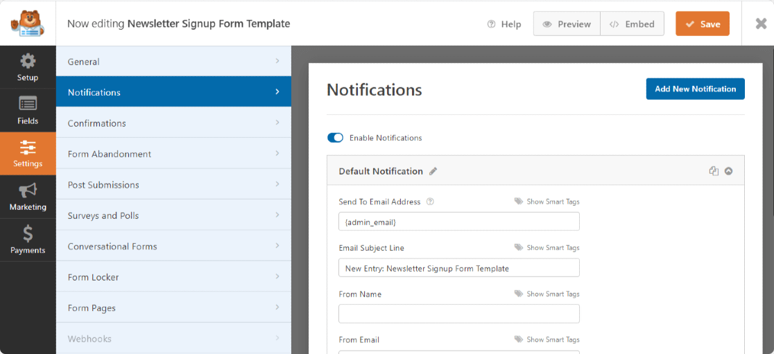 Benachrichtigungseinstellungen für WPForms-Formulare