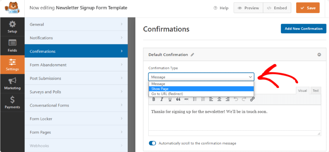 WPForms-Formulare-Bestätigungsoptionen