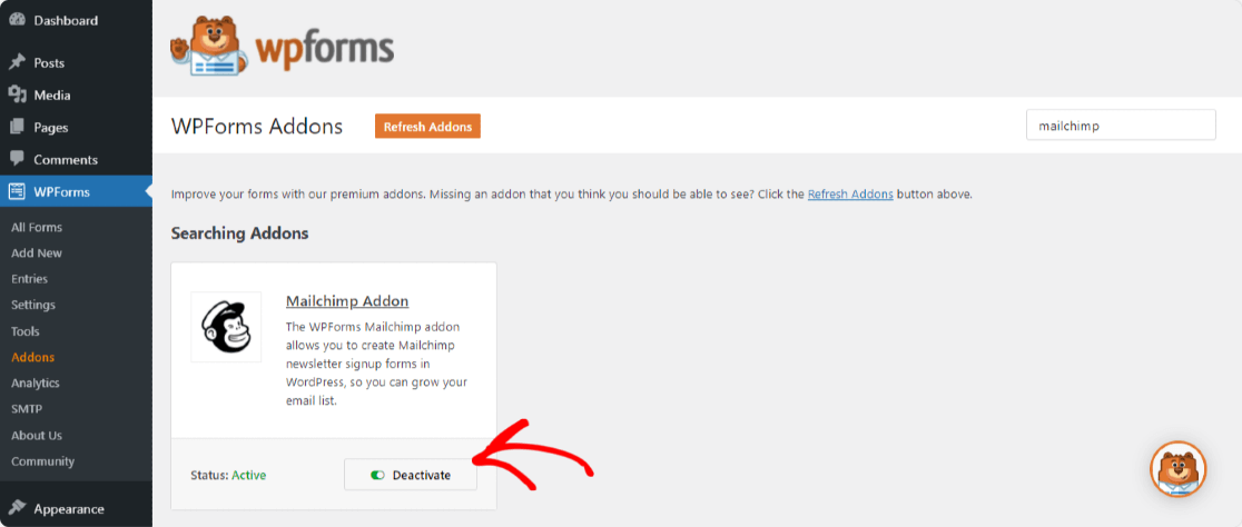 Aktivieren Sie das wpforms Mailchimp Addon, um es mit WordPress zu verwenden