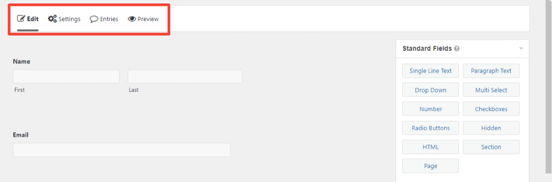 configuración de pestañas de formas de gravedad