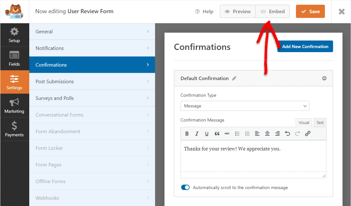 aggiungi il modulo di recensione dell'utente al sito con il pulsante di incorporamento