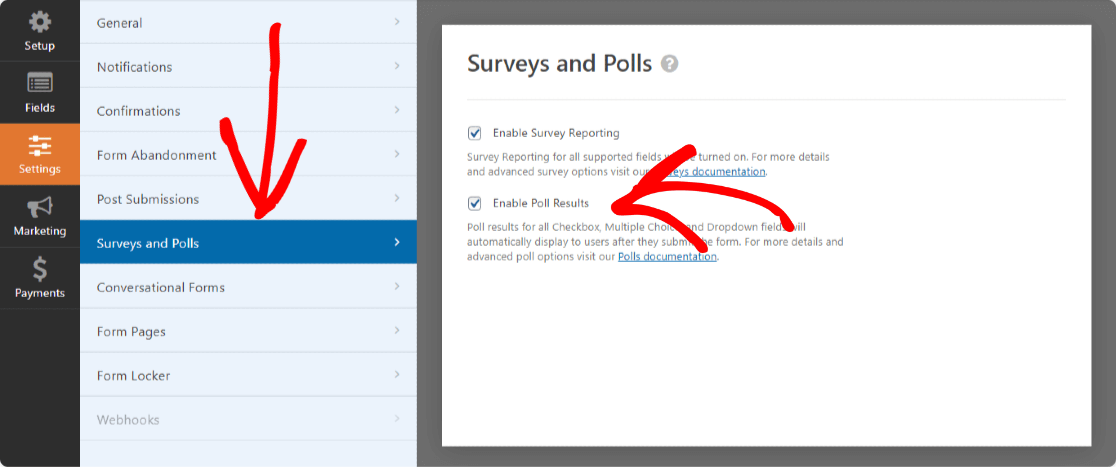 opciones de informes de encuestas y sondeos