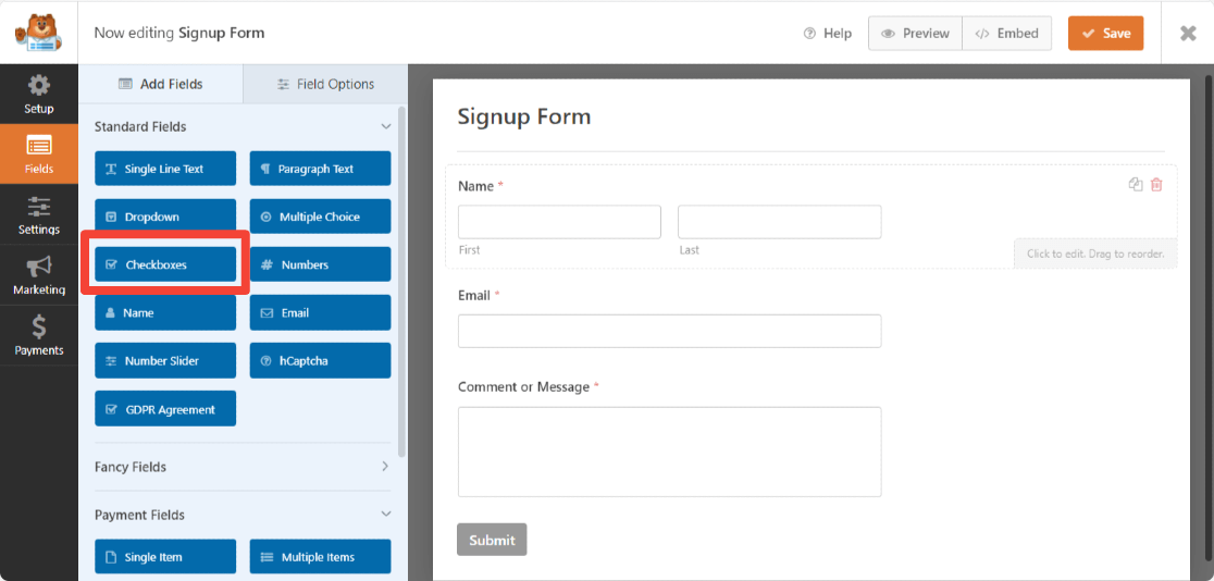 wpforms 확인란 필드