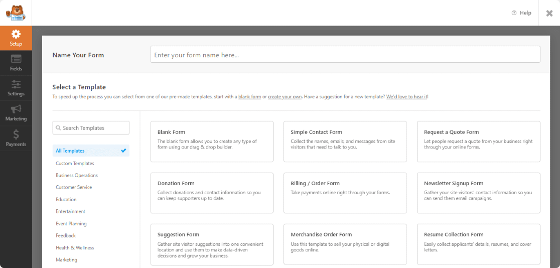 หน้าจอการตั้งค่าแบบฟอร์ม WPForms