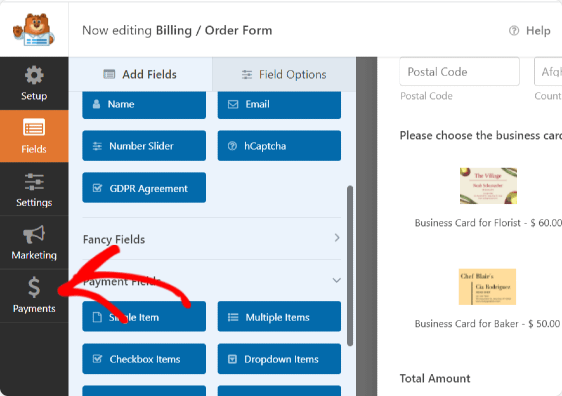 แท็บการชำระเงินของ wpforms