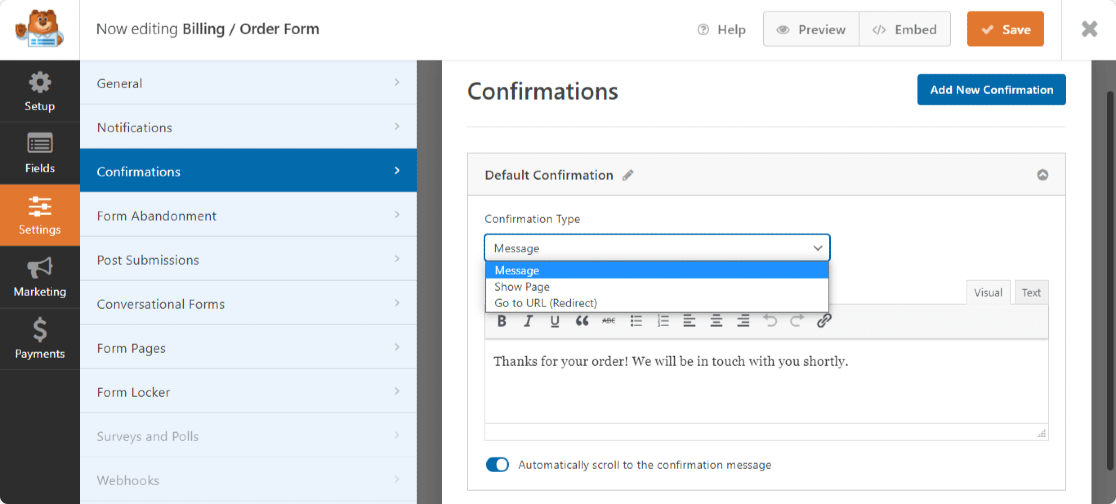 Configurer les confirmations de formulaire de carte de visite