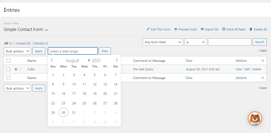 filtrar entradas de formulário por data